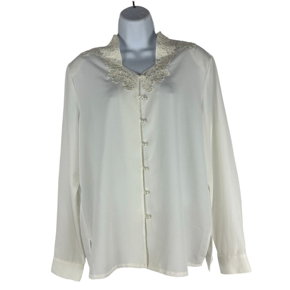 Liz Baker Women's V-Neck Button Down Shirt Size 12 White Long Sleeved